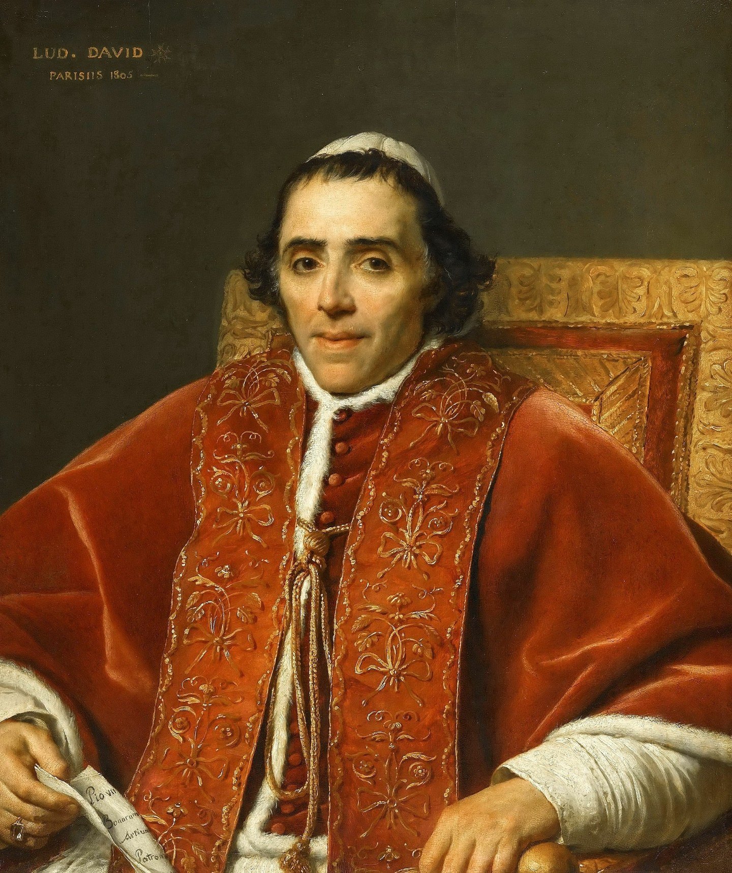 Porträt von Papst Pius VII. in rotem Gewand.
